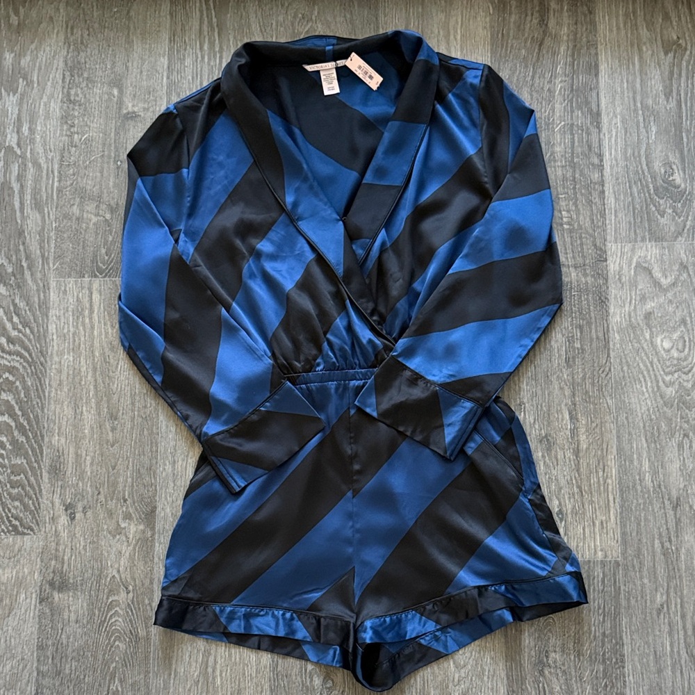 NWT Victoria's Secret Black and Blue Satin Romper